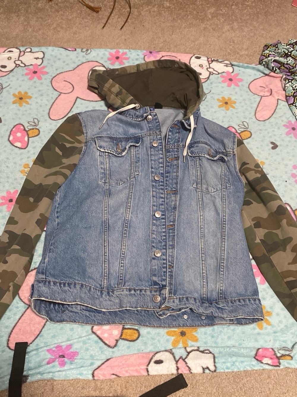 Denim Jacket with Olive Camo Sleeves and Hood